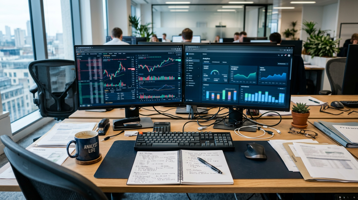 Financial analyst workstation with monitors showing blurred charts