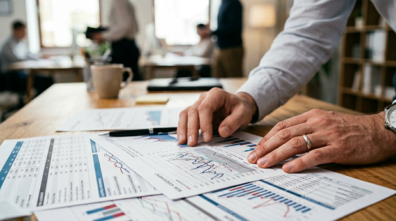 Hands reviewing printed charts and notes on a desk