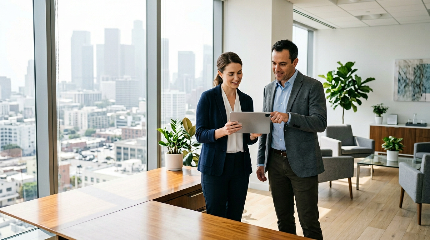 Team members discussing documents in a sunlit office