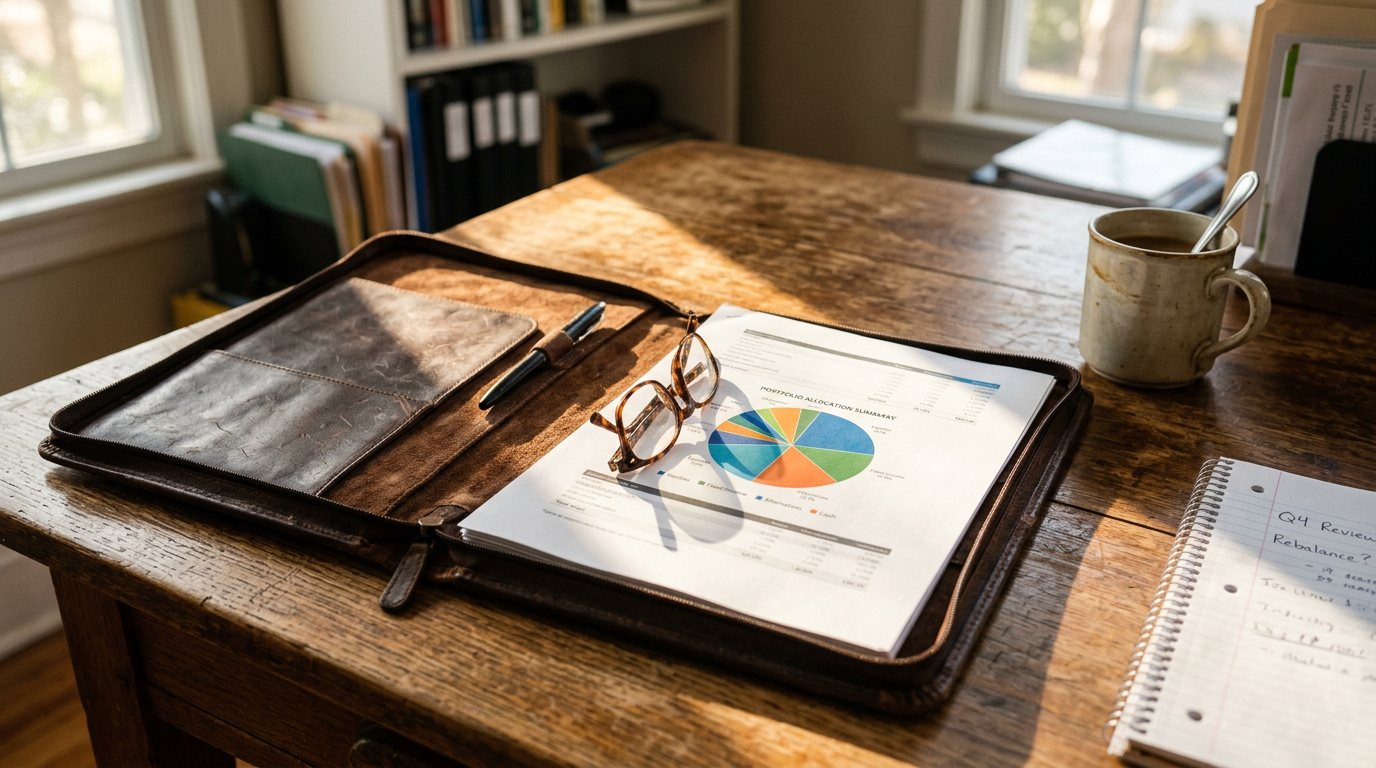 Printed portfolio materials with charts on a desk surface