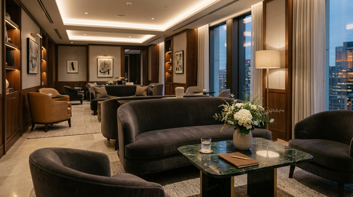 Private banking lounge with sofas and soft lighting