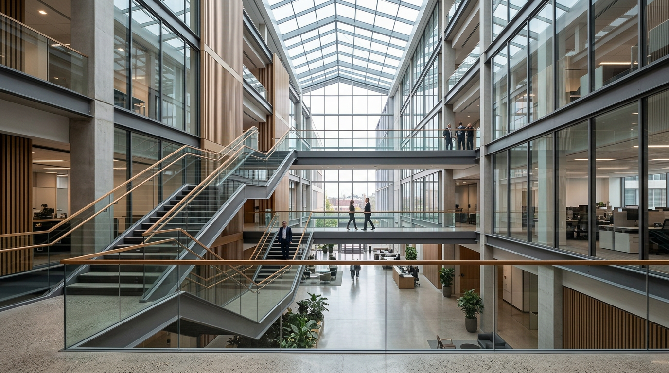Modern office atrium with steel staircase and glass railings